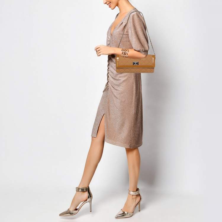 Pre Owned Chanel Beige Jersey and Patent Leather Reissue E/W Flap Bag