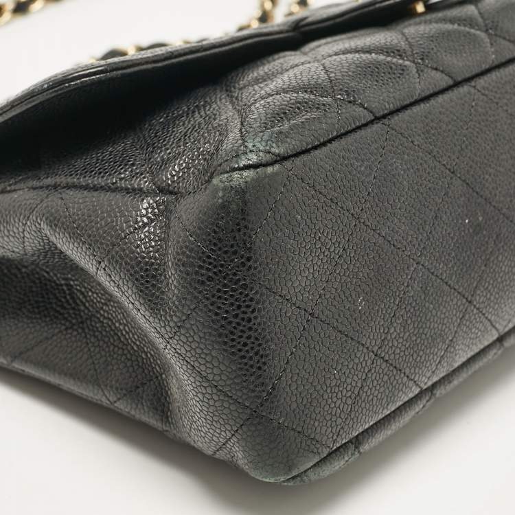 Pre Owned Chanel Black Quilted Caviar Leather Jumbo Classic Single Flap Bag