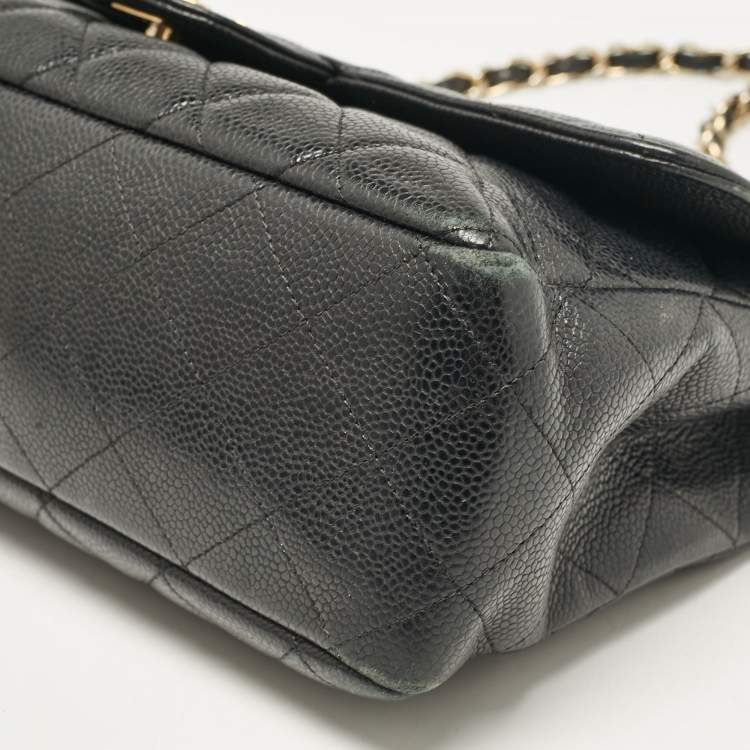 Pre Owned Chanel Black Quilted Caviar Leather Jumbo Classic Single Flap Bag