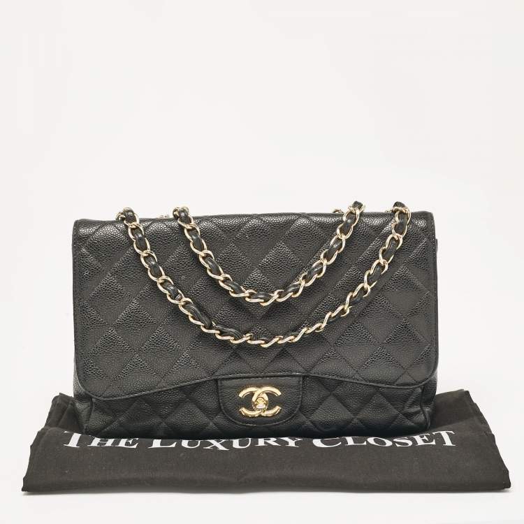 Pre Owned Chanel Black Quilted Caviar Leather Jumbo Classic Single Flap Bag