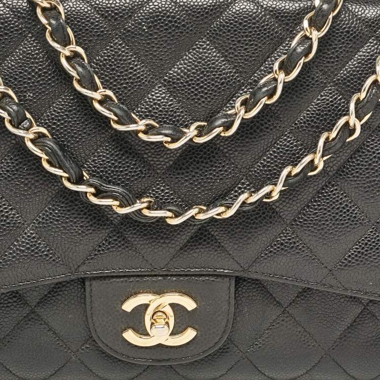 Pre Owned Chanel Black Quilted Caviar Leather Jumbo Classic Single Flap Bag