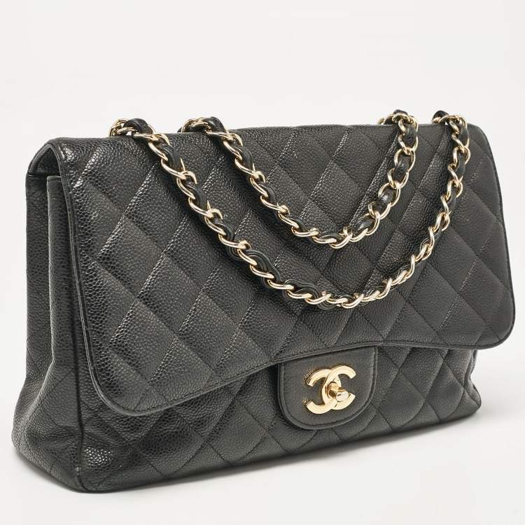 Pre Owned Chanel Black Quilted Caviar Leather Jumbo Classic Single Flap Bag