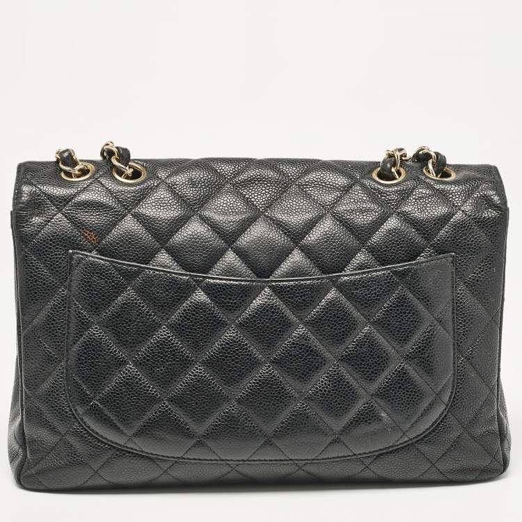Pre Owned Chanel Black Quilted Caviar Leather Jumbo Classic Single Flap Bag