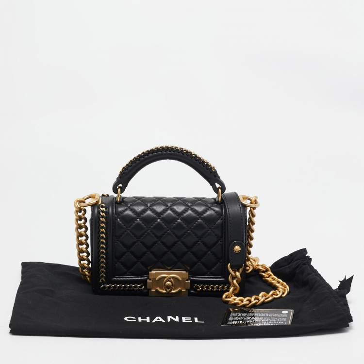 Pre Owned Chanel Black Quilted Leather Small Chain Around Boy Flap Bag