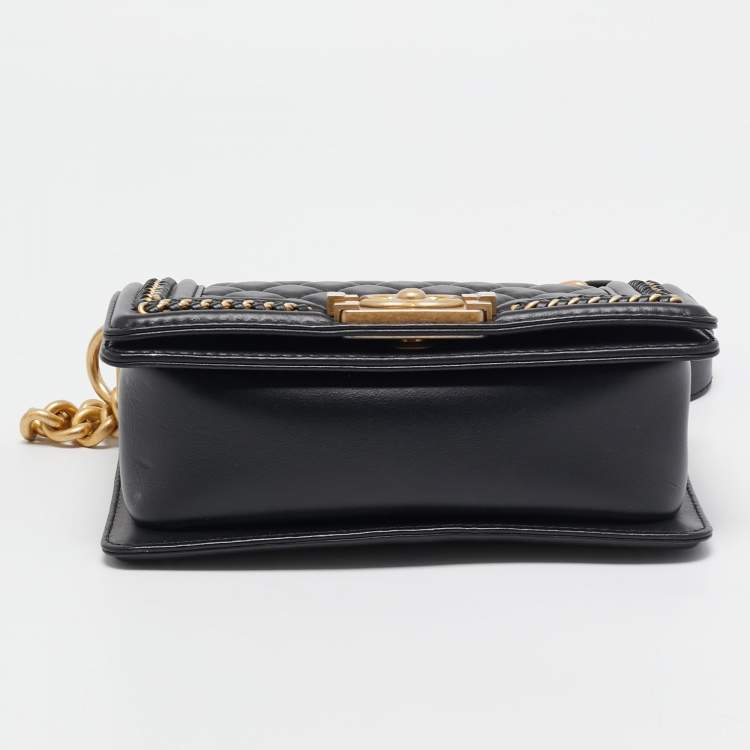 Pre Owned Chanel Black Quilted Leather Small Chain Around Boy Flap Bag