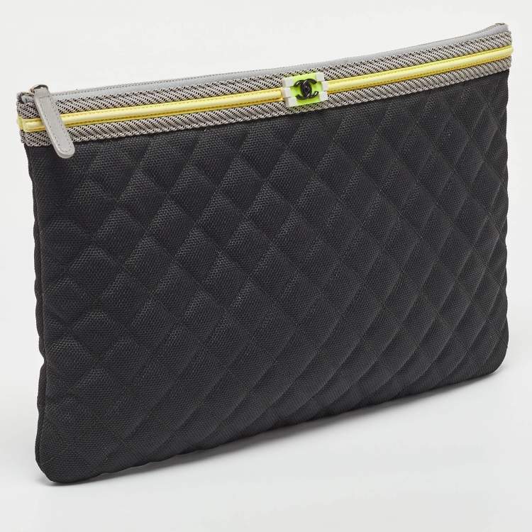 Pre Owned Chanel Black/Grey Quilted Nylon Fluo Boy O-Case Pouch