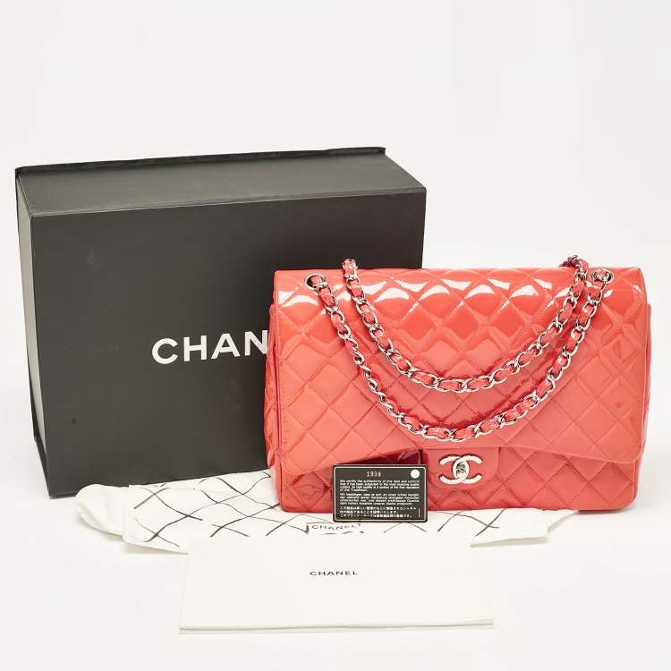 Pre Owned Chanel Pink Quilted Patent Leather Maxi Classic Double Flap Bag