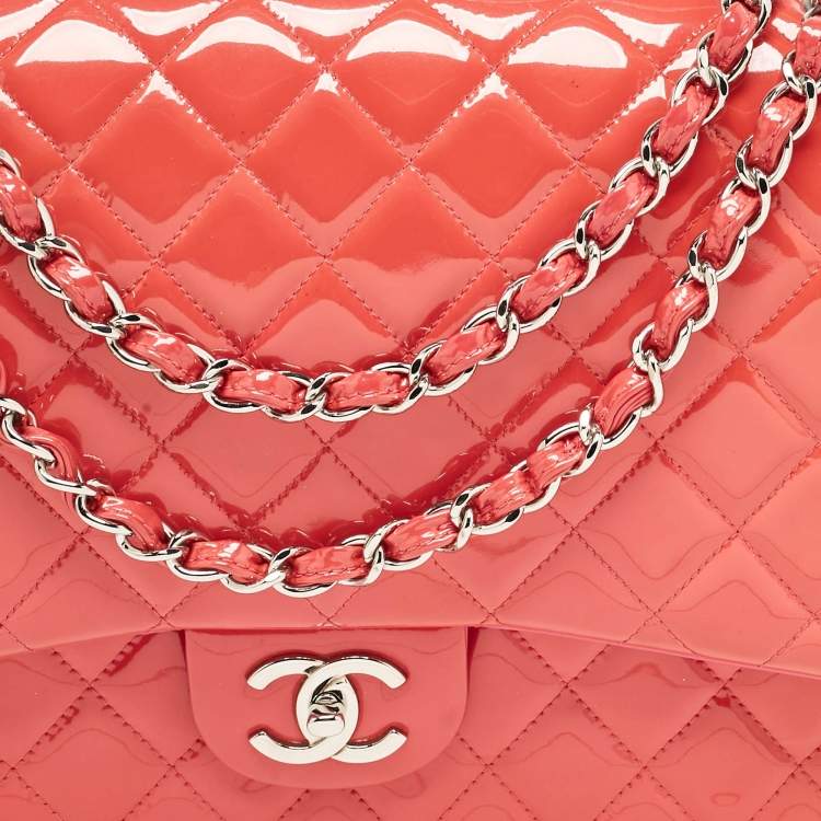 Pre Owned Chanel Pink Quilted Patent Leather Maxi Classic Double Flap Bag