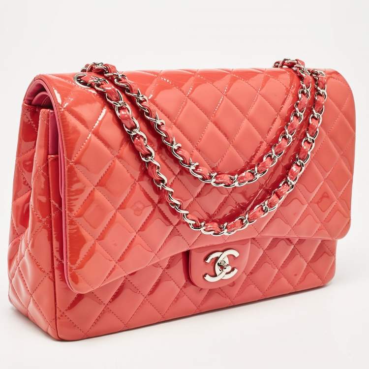 Pre Owned Chanel Pink Quilted Patent Leather Maxi Classic Double Flap Bag