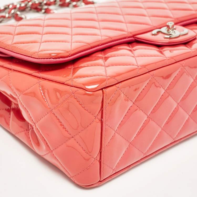 Pre Owned Chanel Pink Quilted Patent Leather Maxi Classic Double Flap Bag