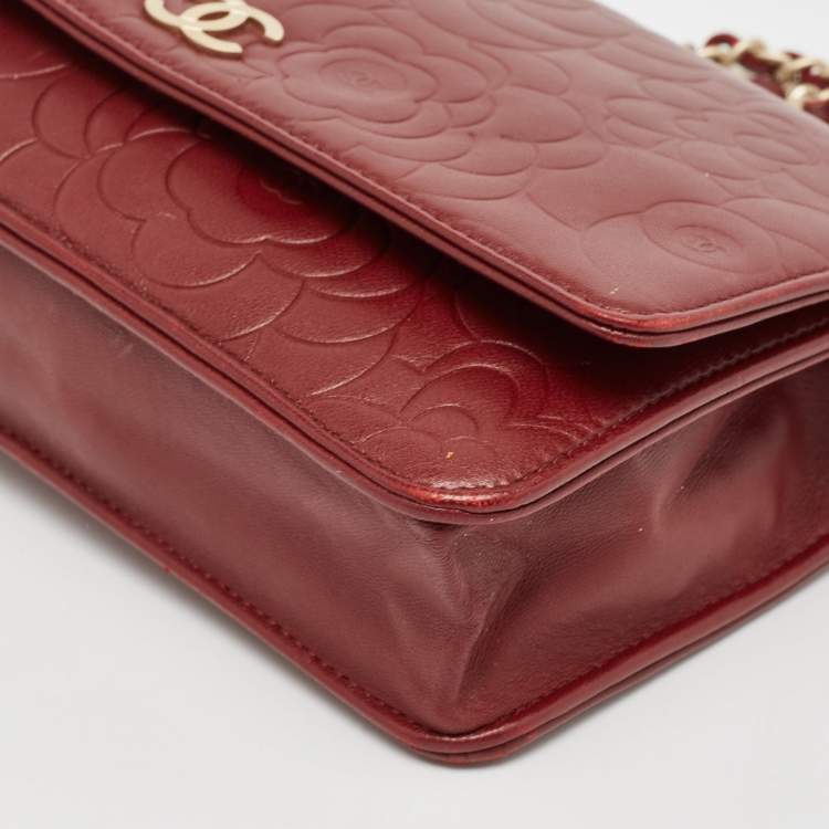 Pre Owned Chanel Red Leather Camellia WOC Clutch Bag