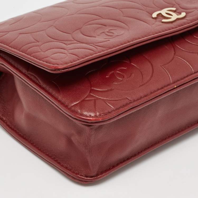 Pre Owned Chanel Red Leather Camellia WOC Clutch Bag