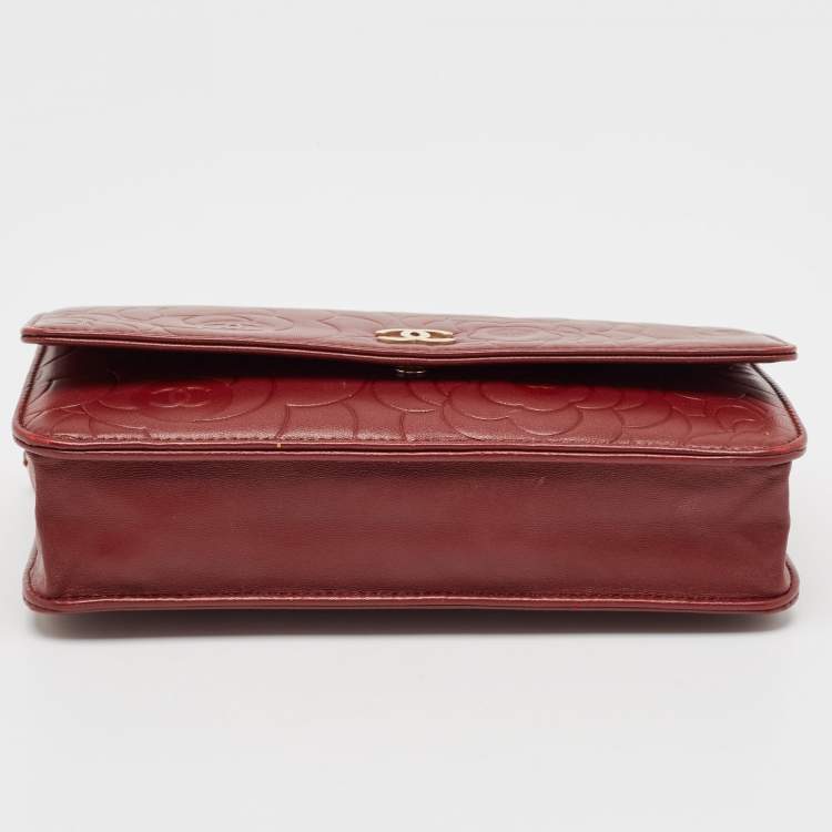 Pre Owned Chanel Red Leather Camellia WOC Clutch Bag