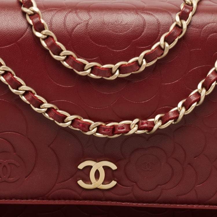 Pre Owned Chanel Red Leather Camellia WOC Clutch Bag