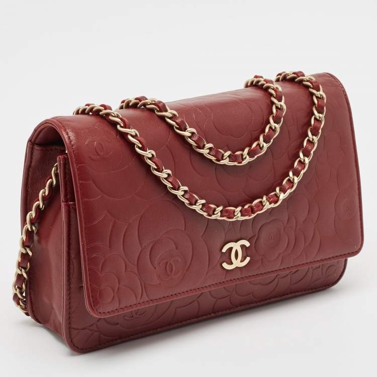Pre Owned Chanel Red Leather Camellia WOC Clutch Bag