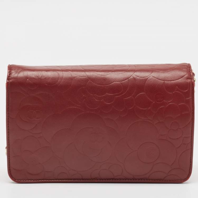 Pre Owned Chanel Red Leather Camellia WOC Clutch Bag