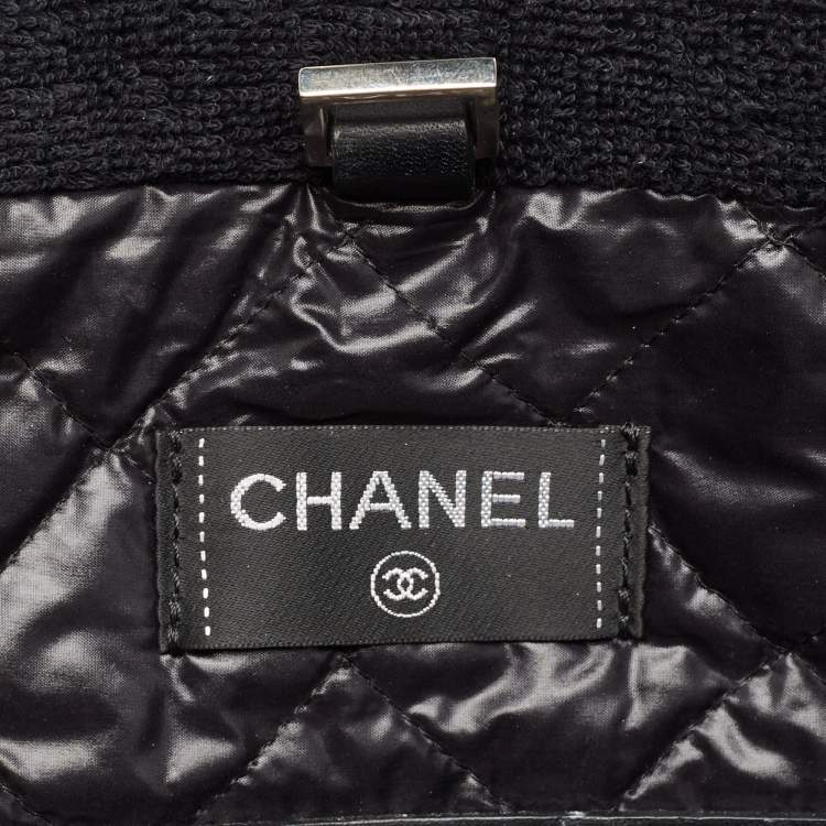 Pre Owned Chanel Dark Blue Terry Cloth and Leather Beach Bag and Towel Set