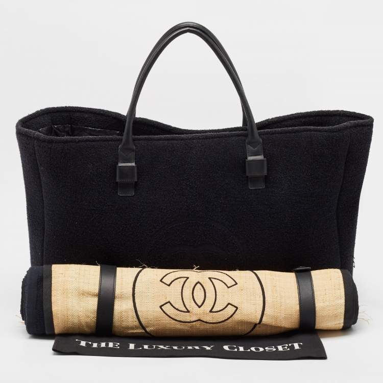 Pre Owned Chanel Dark Blue Terry Cloth and Leather Beach Bag and Towel Set