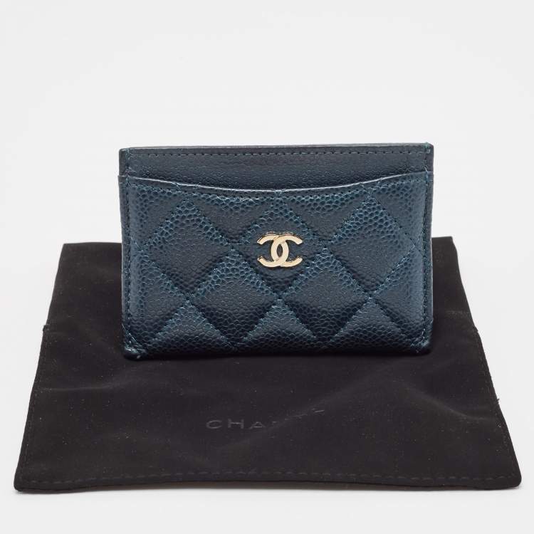 Pre Owned Chanel Teal Blue Quilted Caviar Leather CC Card Holder