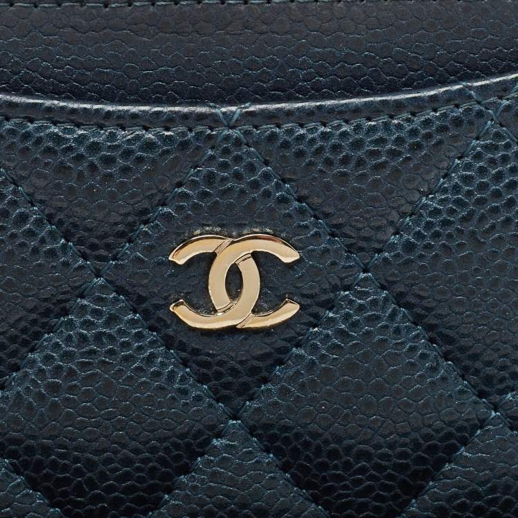 Pre Owned Chanel Teal Blue Quilted Caviar Leather CC Card Holder