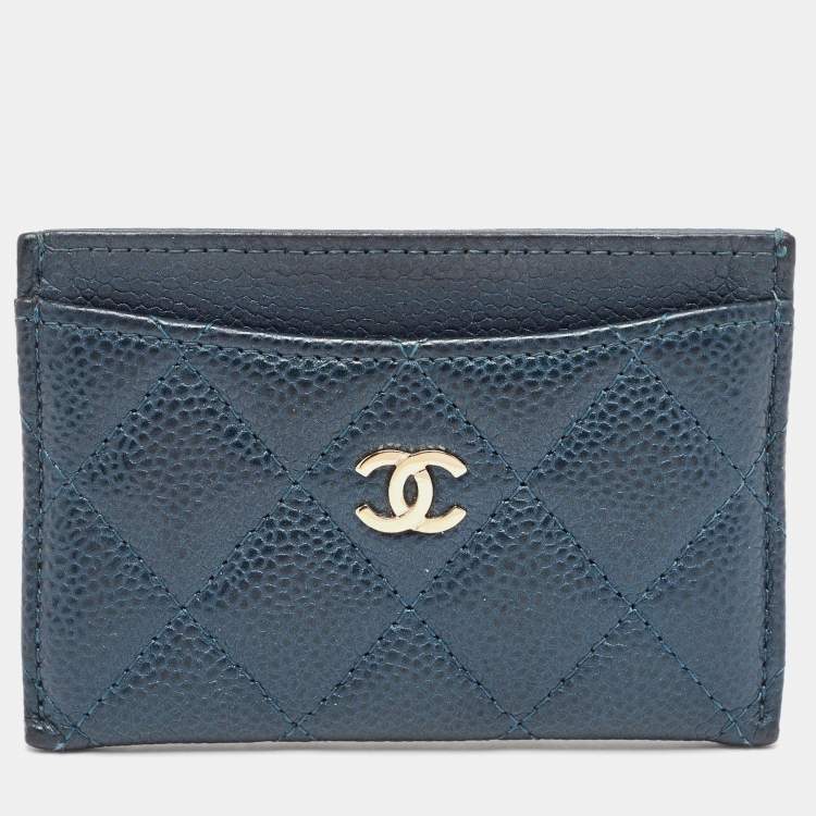 Pre Owned Chanel Teal Blue Quilted Caviar Leather CC Card Holder