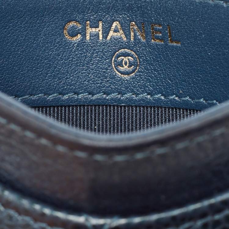 Pre Owned Chanel Teal Blue Quilted Caviar Leather CC Card Holder