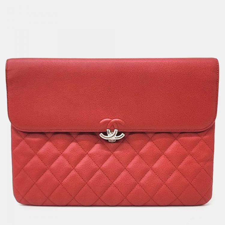 Pre Owned Chanel Red Leather Chanel Caviar Flap New Medium Clutch