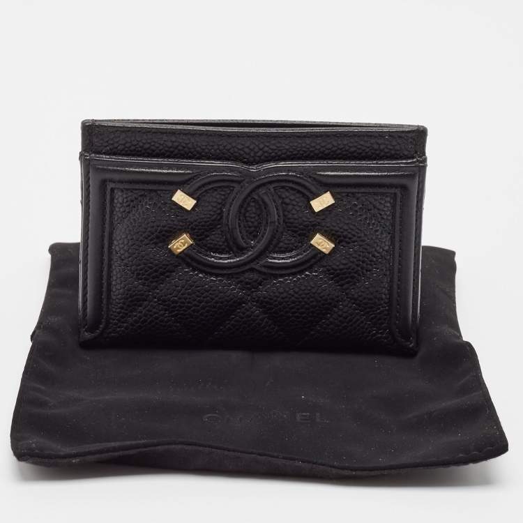 Pre Owned Chanel Black Quilted Caviar Leather Filigree Card Holder