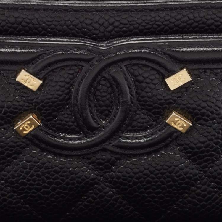 Pre Owned Chanel Black Quilted Caviar Leather Filigree Card Holder