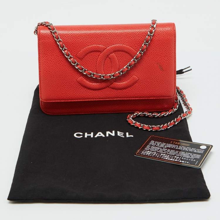 Pre Owned Chanel Orange Caviar Leather Timeless CC Wallet On Chain
