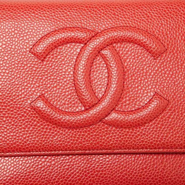 Pre Owned Chanel Orange Caviar Leather Timeless CC Wallet On Chain