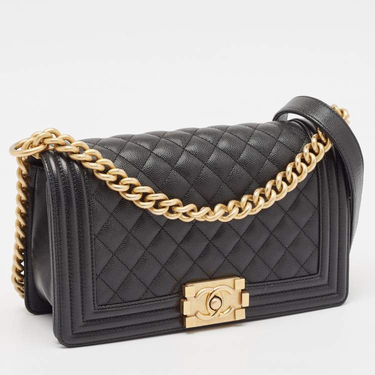 Pre Owned Chanel Black Quilted Caviar Leather Medium Boy Flap Bag