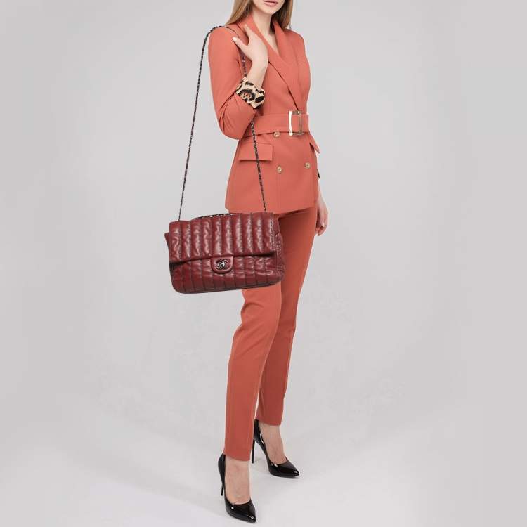 Pre Owned Chanel Dark Red Vertical Stitch Leather Jumbo Single Flap Bag