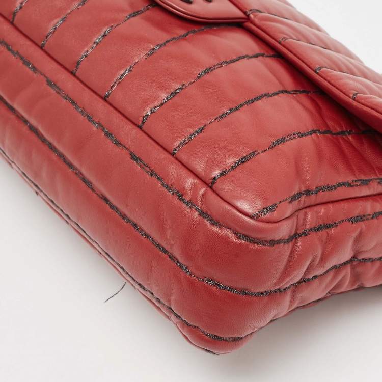 Pre Owned Chanel Dark Red Vertical Stitch Leather Jumbo Single Flap Bag