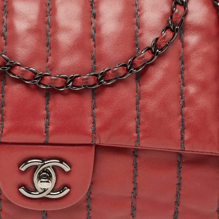 Pre Owned Chanel Dark Red Vertical Stitch Leather Jumbo Single Flap Bag