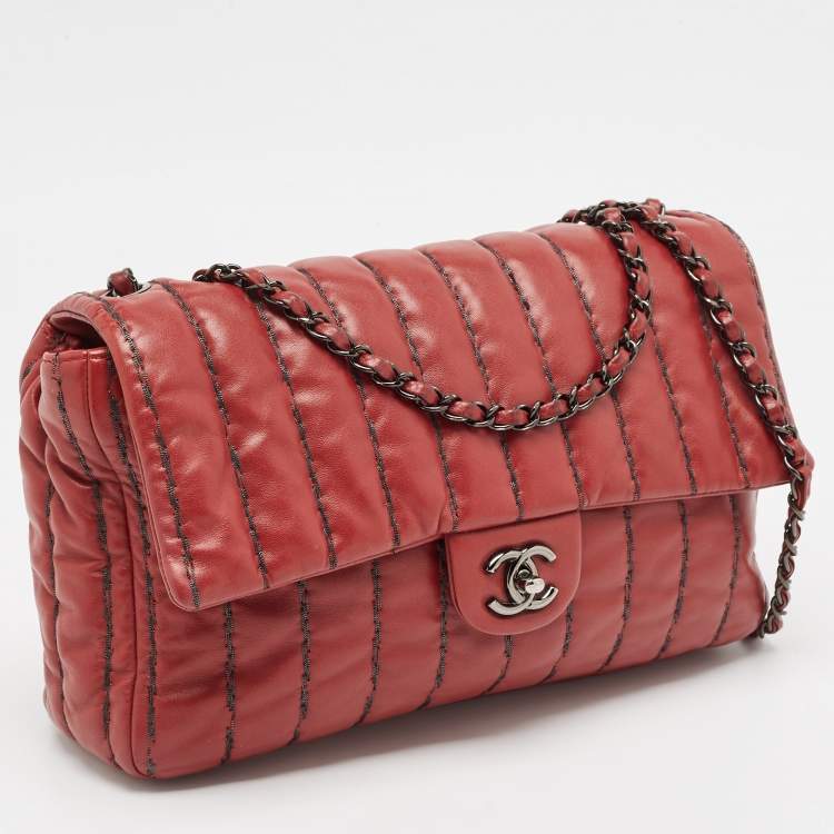 Pre Owned Chanel Dark Red Vertical Stitch Leather Jumbo Single Flap Bag