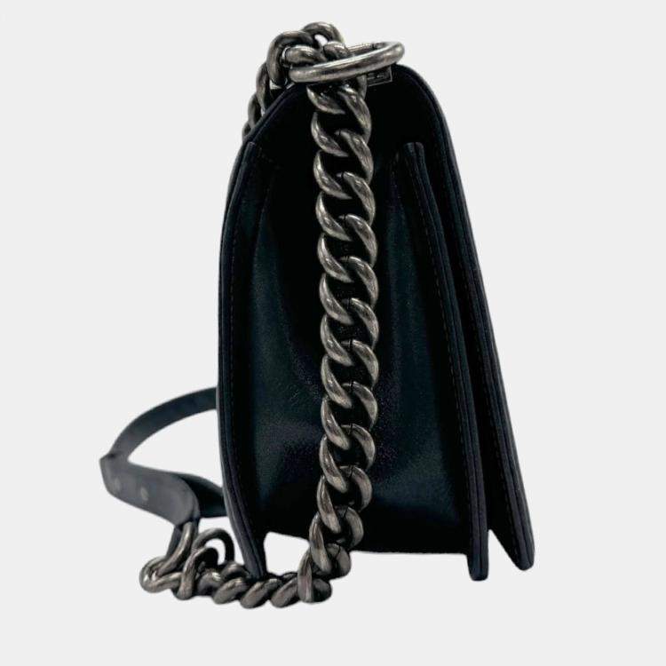 Pre Owned Chanel Leather Metal Silver Black Boy Chanel Shoulder Bag