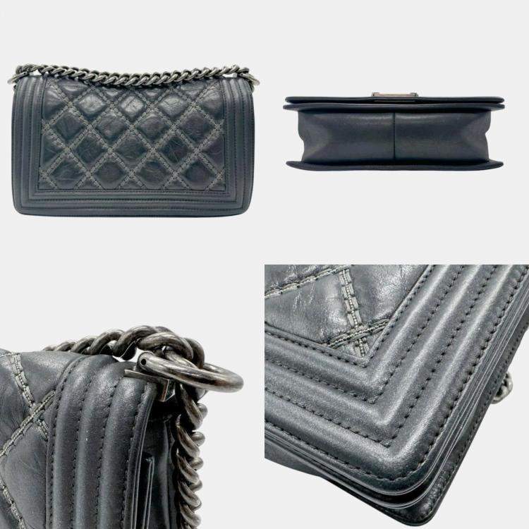 Pre Owned Chanel Leather Metal Silver Black Boy Chanel Shoulder Bag
