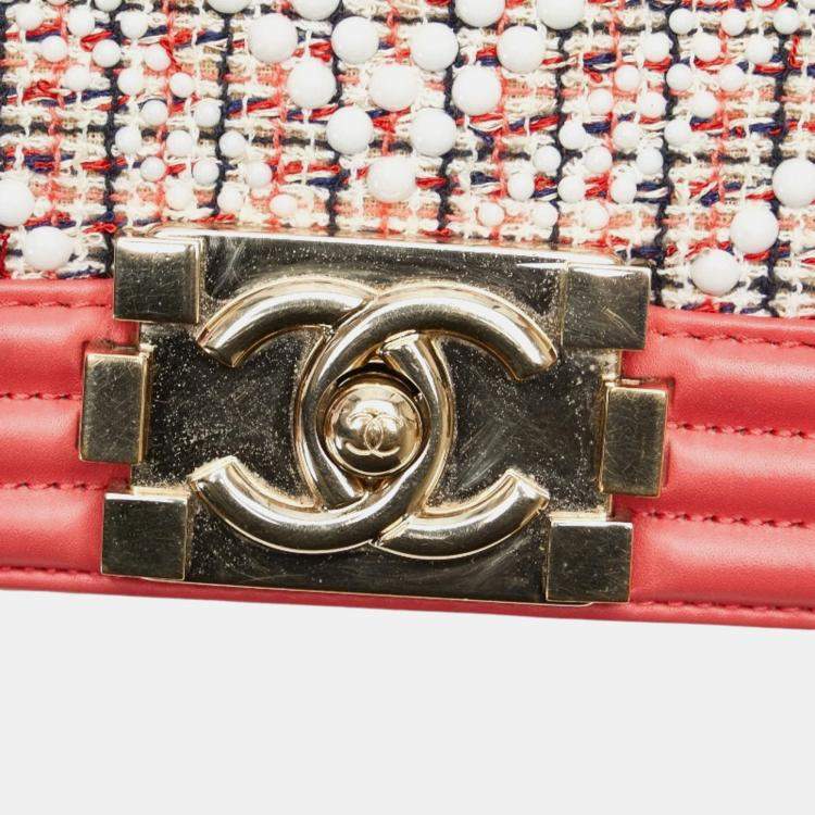 Pre Owned Chanel Pink White Multicolor Tweed Leather Boy Coco Mark Chain Shoulder Bag