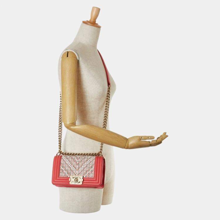 Pre Owned Chanel Pink White Multicolor Tweed Leather Boy Coco Mark Chain Shoulder Bag