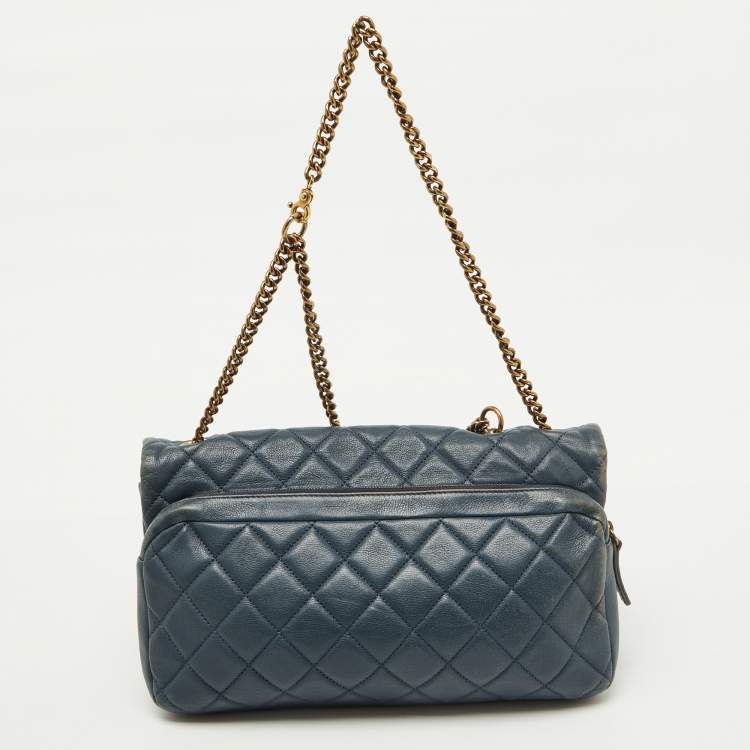 Pre Owned Chanel Blue Quilted Leather CC Crown Flap Bag