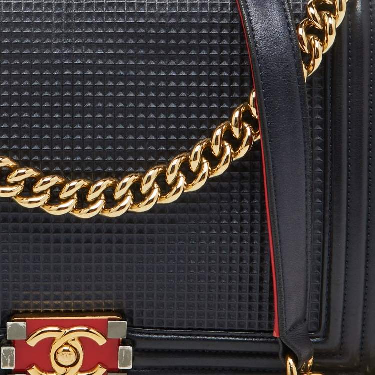Pre Owned Chanel Navy Blue Leather Cube Embossed Medium Boy Flap Bag