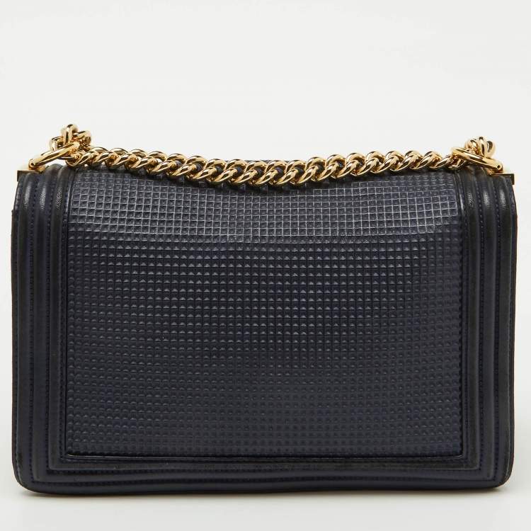 Pre Owned Chanel Navy Blue Leather Cube Embossed Medium Boy Flap Bag