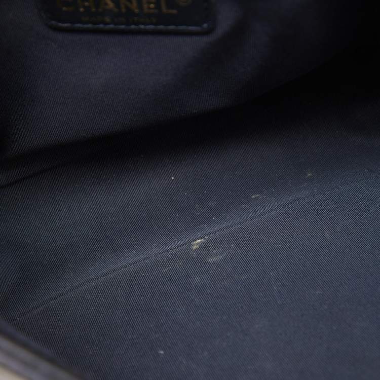 Pre Owned Chanel Navy Blue Leather Cube Embossed Medium Boy Flap Bag