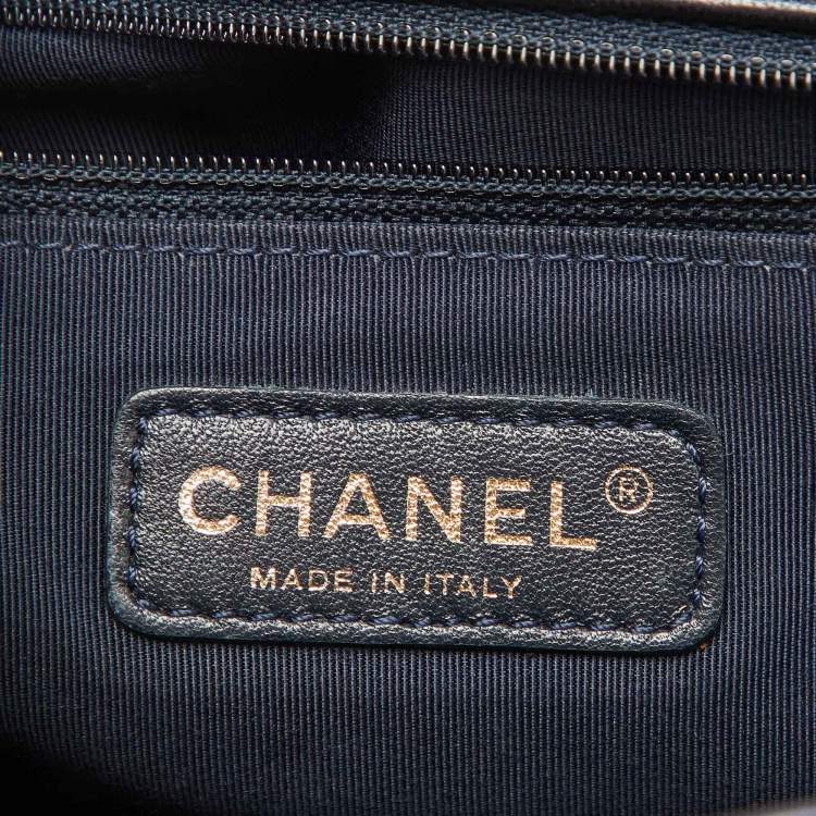 Pre Owned Chanel Navy Blue Leather Cube Embossed Medium Boy Flap Bag