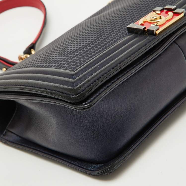 Pre Owned Chanel Navy Blue Leather Cube Embossed Medium Boy Flap Bag
