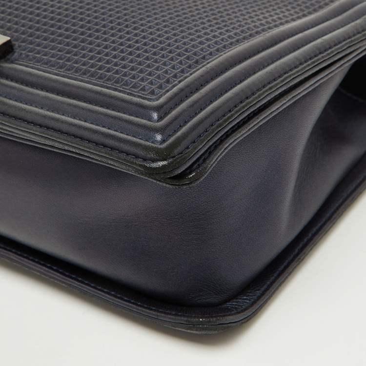 Pre Owned Chanel Navy Blue Leather Cube Embossed Medium Boy Flap Bag