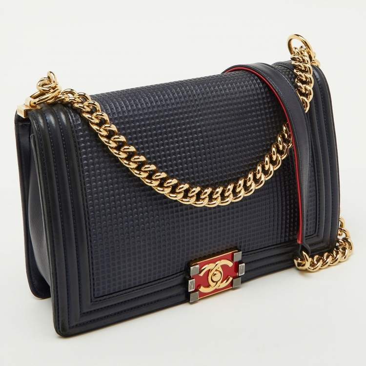 Pre Owned Chanel Navy Blue Leather Cube Embossed Medium Boy Flap Bag