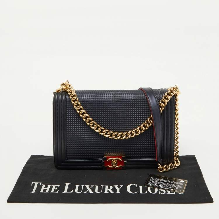 Pre Owned Chanel Navy Blue Leather Cube Embossed Medium Boy Flap Bag
