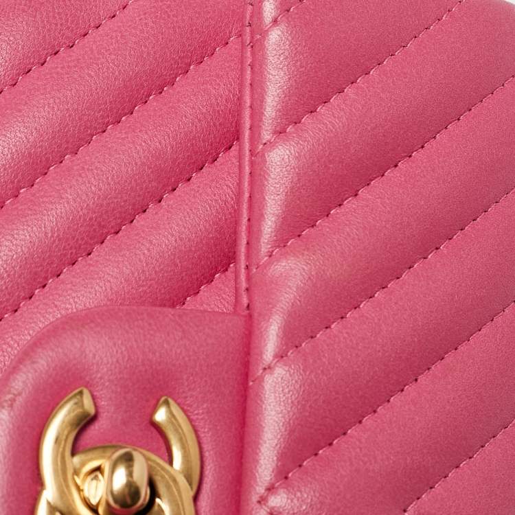 Pre Owned Chanel Fuchsia Chevron Leather Extra Mini Rectangular Flap Bag